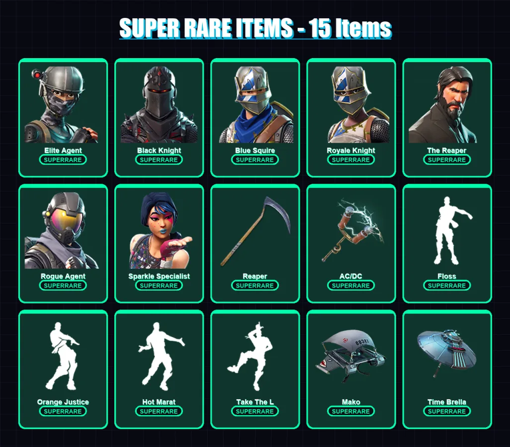 [PS4/PS5/XBOX/PC] | Elite Agent | Black Knight | Blue Squire | Royale Knight | The Reaper | 108 skin | 90 pickaxe | 100 emote | 88 glider | Lv1427