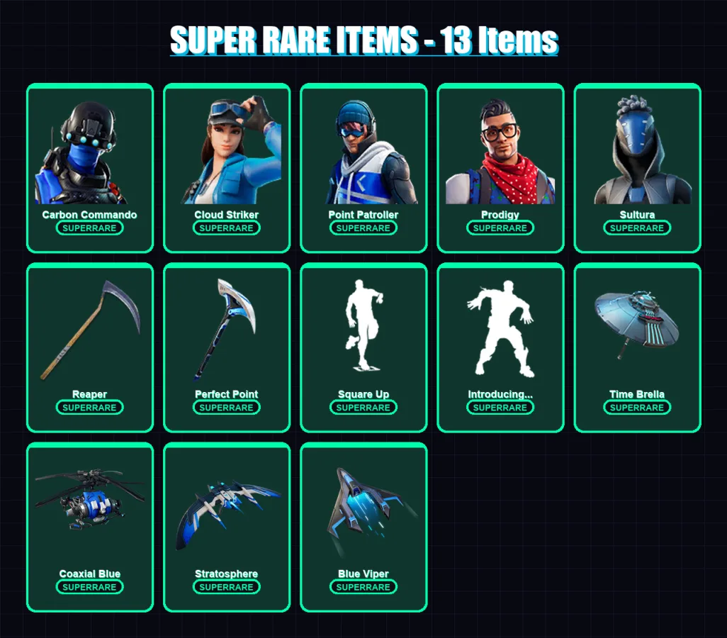 [PS4/PS5/XBOX/PC] | Carbon Commando | Cloud Striker | Point Patroller | Prodigy | Sultura | 102 skin | 114 pickaxe | 80 emote | 73 glider | Lv1126