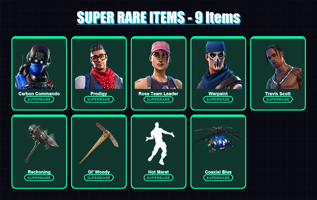 [PS4/PS5/PC] | Carbon Commando | Prodigy | Rose Team Leader | Warpaint | Travis Scott | 86 skin | 71 pickaxe | 77 emote | 72 glider | Lv870