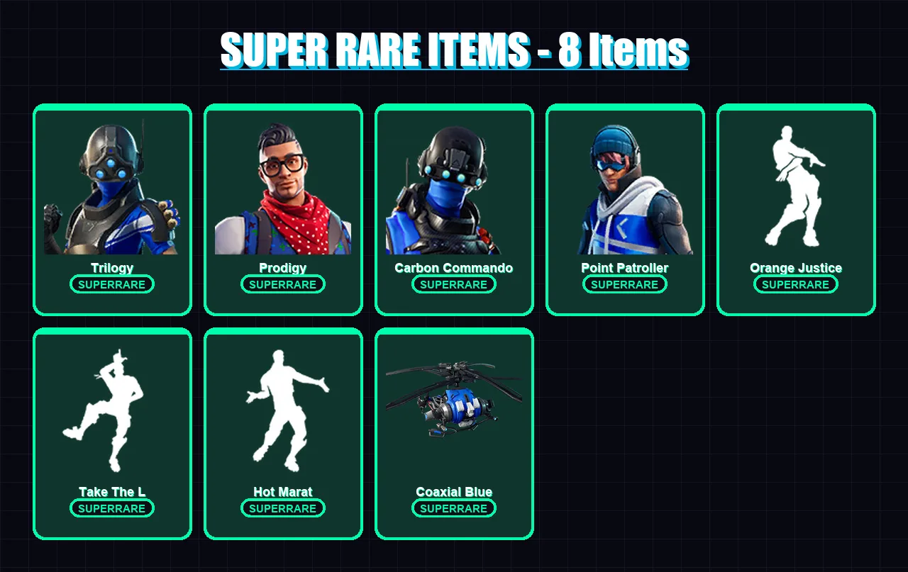 [PC/XBOX/PSN] | Trilogy | Prodigy | Carbon Commando | Point Patroller | Midas | 55 skin | 59 pickaxe | 86 emote | 73 glider | Lv1232