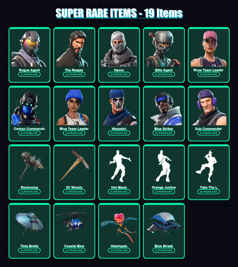[PS4/PS5/XBOX/PC] | Rogue Agent | The Reaper | Havoc | Elite Agent | Rose Team Leader | 88 skin | 86 pickaxe | 75 emote | 89 glider | Lv1255