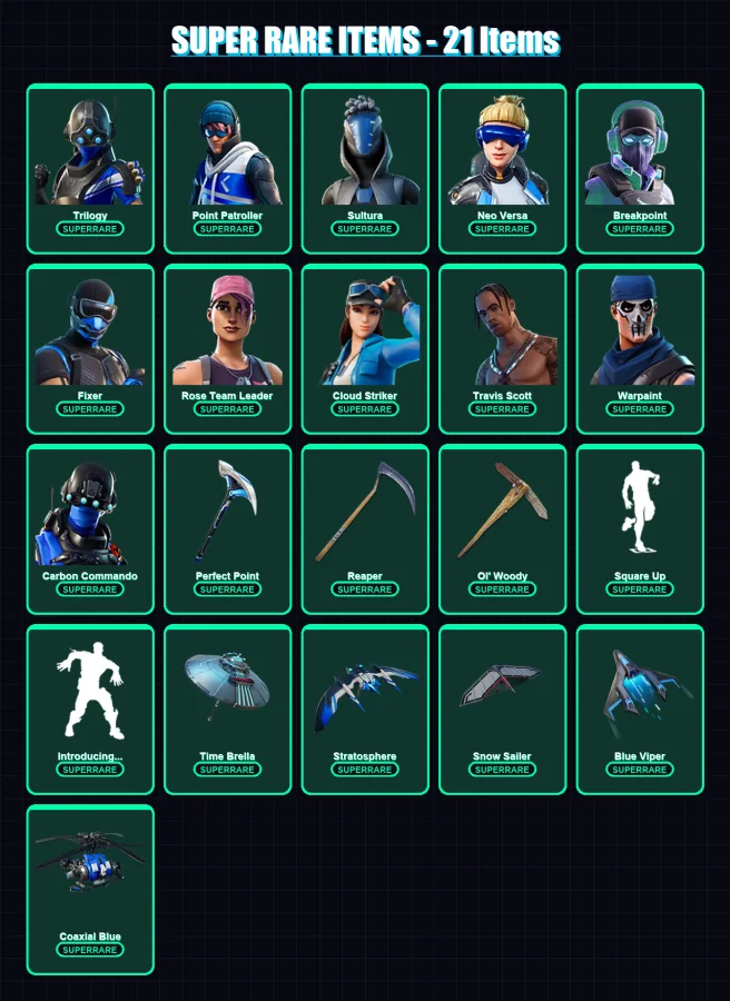 [PS4/PS5/XBOX/PC] | Trilogy | Point Patroller | Sultura | Neo Versa | Breakpoint | 127 skin | 122 pickaxe | 112 emote | 107 glider | Lv1210