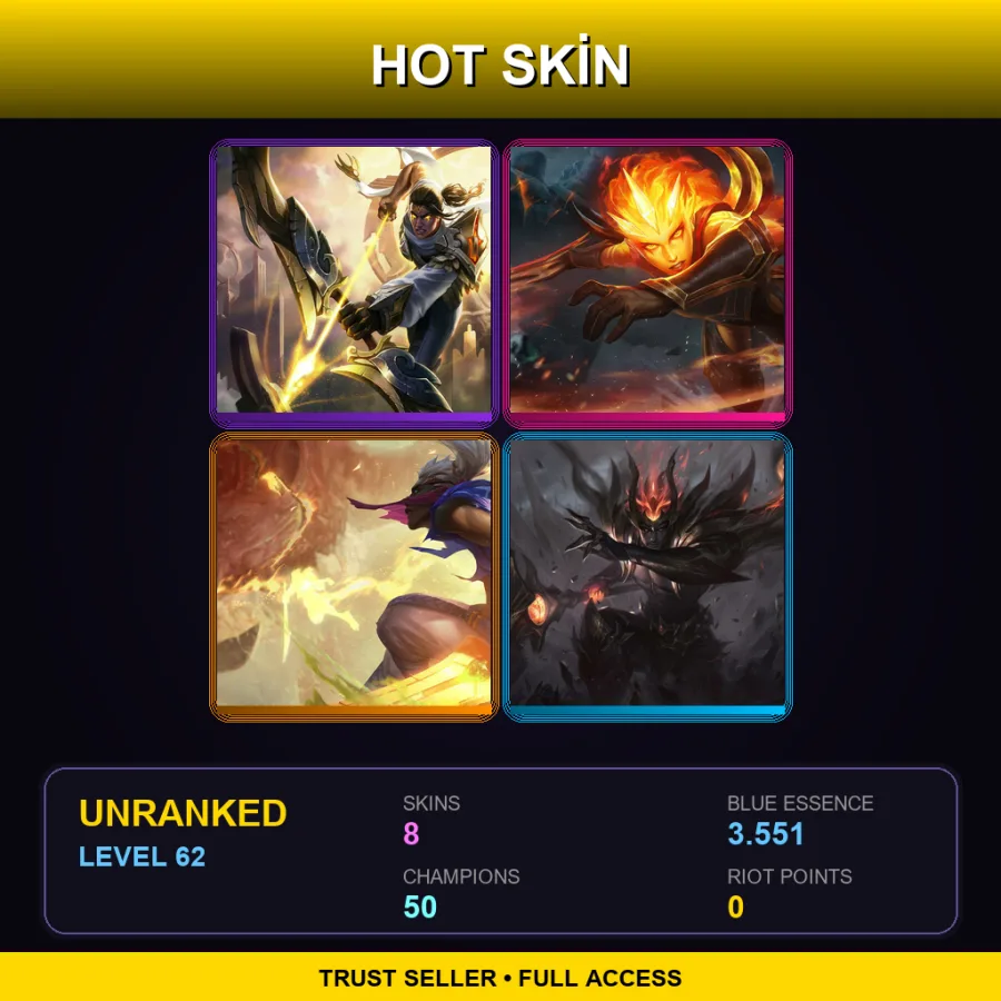 VN | Lv62 | Unranked | 8 Skin | 50 Champ — LoL account