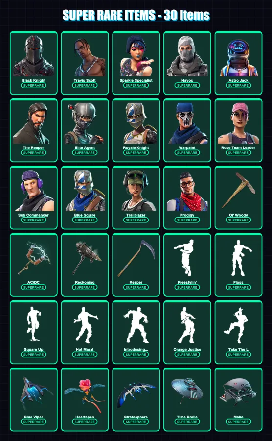 [PS4/PS5/XBOX/PC] | Black Knight | Travis Scott | Sparkle Specialist | Havoc | Astro Jack | 105 skin | 88 pickaxe | 88 emote | 96 glider | Lv1262