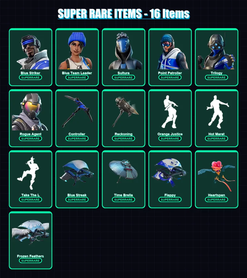 [PS4/PS5/XBOX/PC] | Blue Striker | Blue Team Leader | Sultura | Point Patroller | Trilogy | 86 skin | 79 pickaxe | 101 emote | 89 glider | Lv1224