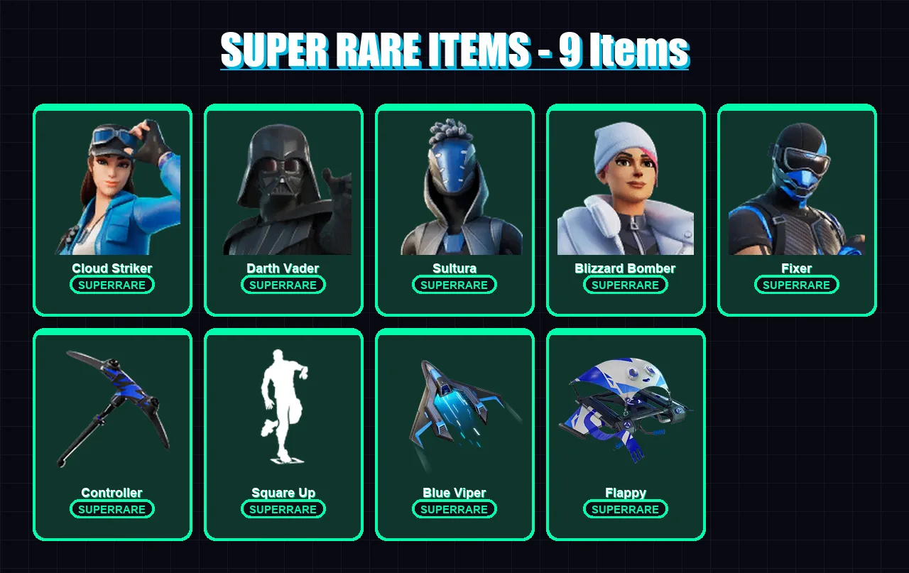[PS4/PS5/XBOX/PC] | Cloud Striker | Darth Vader | Sultura | Blizzard Bomber | Fixer | 96 skin | 99 pickaxe | 75 emote | 106 glider | Lv1593