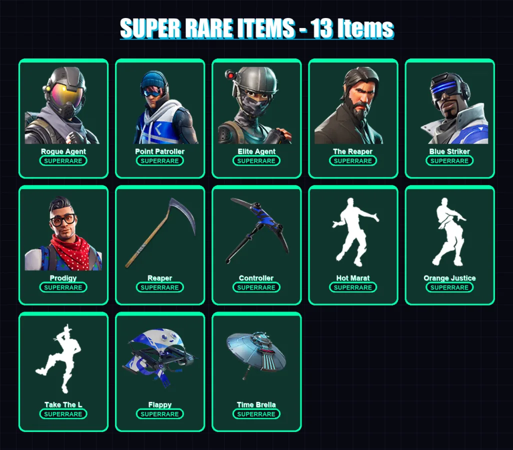 [PS4/PS5/XBOX/PC] | Rogue Agent | Point Patroller | Elite Agent | The Reaper | Blue Striker | 36 skin | 72 pickaxe | 72 emote | 74 glider | Lv1209