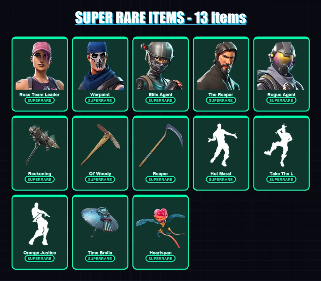 [PC/PSN] | Rose Team Leader | Warpaint | Elite Agent | The Reaper | Rogue Agent | 101 skin | 99 pickaxe | 112 emote | 97 glider | Lv1308