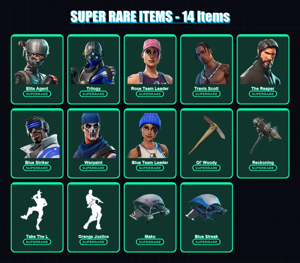 [PS4/PS5/XBOX/PC] | Elite Agent | Trilogy | Rose Team Leader | Travis Scott | The Reaper | 71 skin | 52 pickaxe | 66 emote | 64 glider | Lv1012