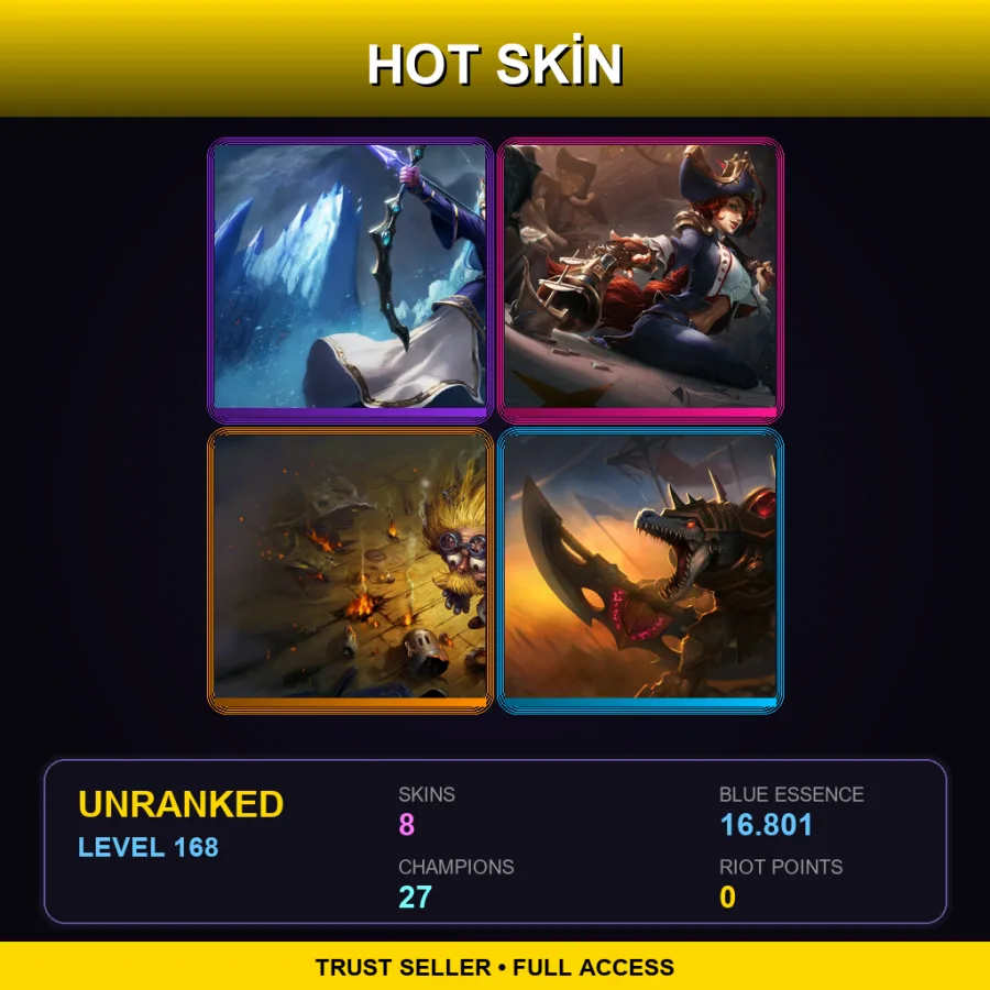 LAN | Lv168 | Unranked | 8 Skin | 27 Champ — LoL account
