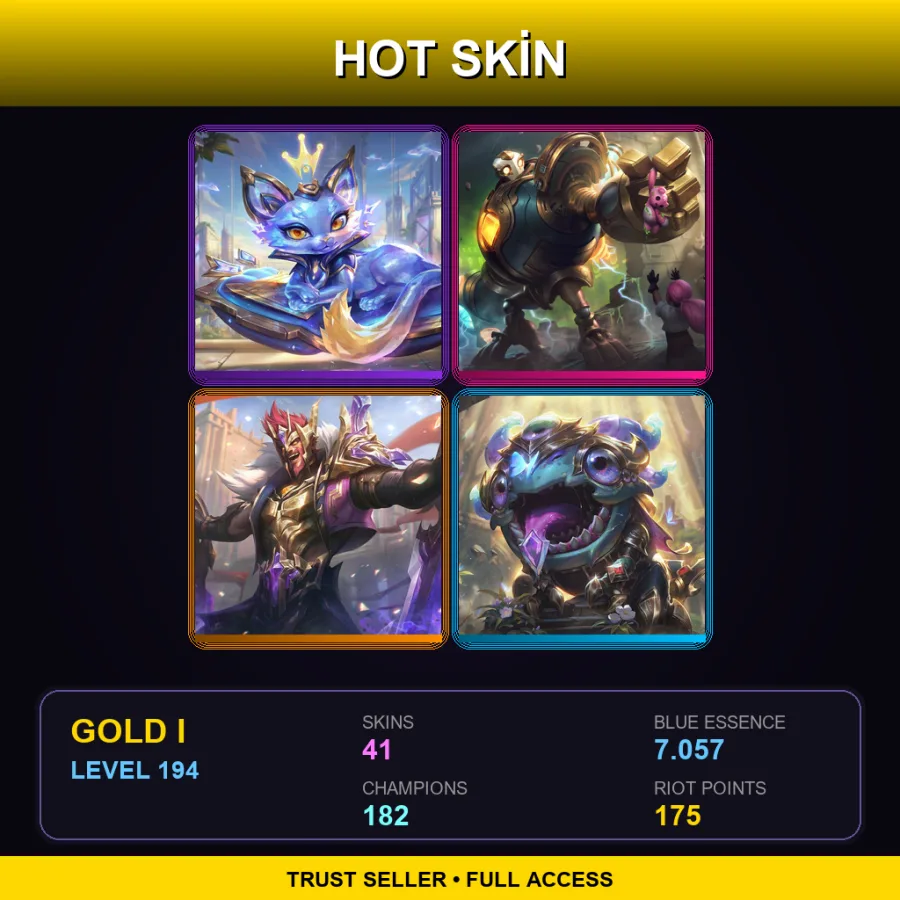 VN | Prestige Cyber Cat Yuumi | Victorious Blitzcrank | Victorious Draven | Victorious Kog'Maw | 41 Skin | 182 Champ | Gold I | Lv194