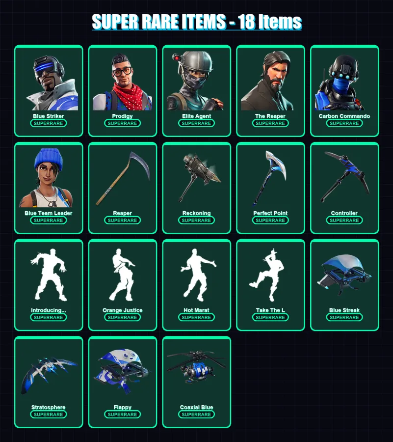 [PC/XBOX] | Blue Striker | Prodigy | Elite Agent | The Reaper | Carbon Commando | 132 skin | 86 pickaxe | 148 emote | 68 glider | Lv926