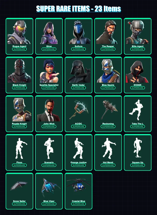 [PS4/PS5/XBOX/PC] | Rogue Agent | Glow | Sultura | The Reaper | Elite Agent | 229 skin | 232 pickaxe | 173 emote | 201 glider | Lv3780