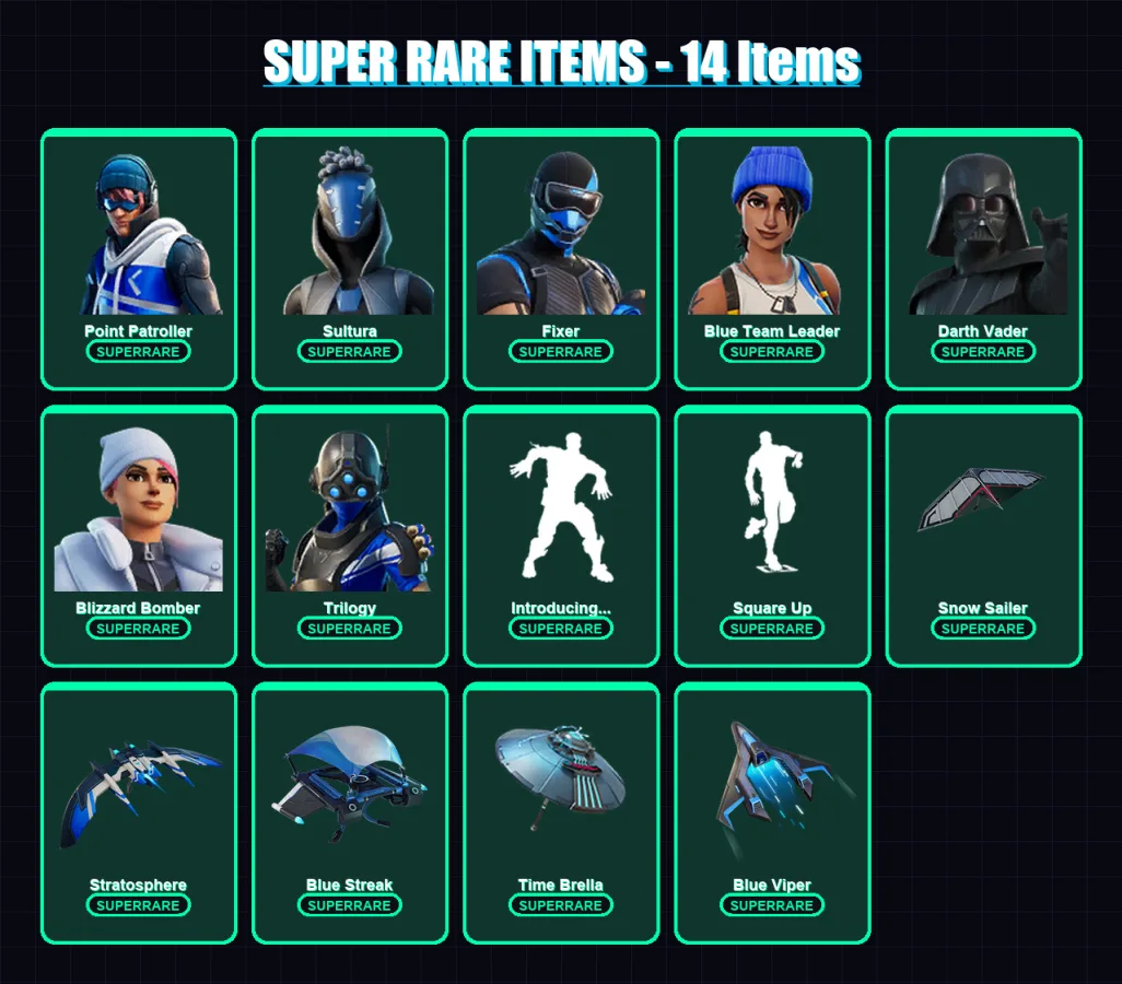 [PS4/PS5/XBOX/PC] | Point Patroller | Sultura | Fixer | Blue Team Leader | Darth Vader | 121 skin | 167 pickaxe | 113 emote | 137 glider | Lv1990