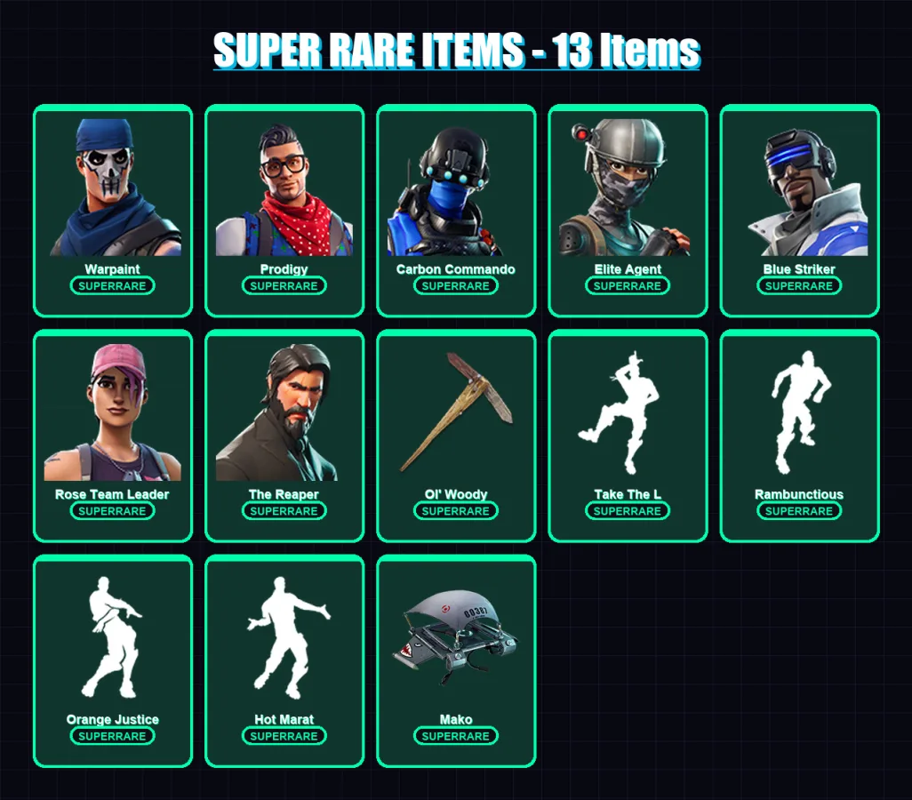 [PC/XBOX/PSN] | Warpaint | Prodigy | Carbon Commando | Elite Agent | Blue Striker | 73 skin | 35 pickaxe | 77 emote | 41 glider | Lv526