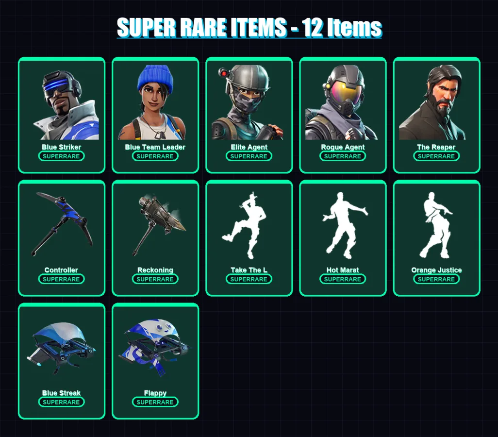 [PS4/PS5/XBOX/PC] | Blue Striker | Blue Team Leader | Elite Agent | Rogue Agent | The Reaper | 42 skin | 27 pickaxe | 56 emote | 39 glider | Lv504 — Fortnite account