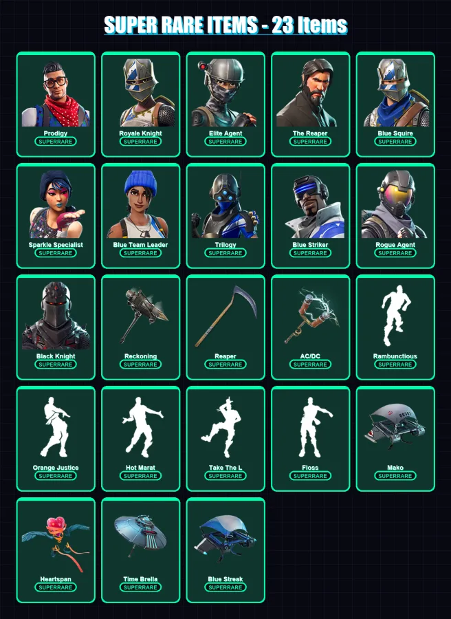 [PC] | Prodigy | Royale Knight | Elite Agent | The Reaper | Blue Squire | 88 skin | 81 pickaxe | 95 emote | 80 glider | Lv1431