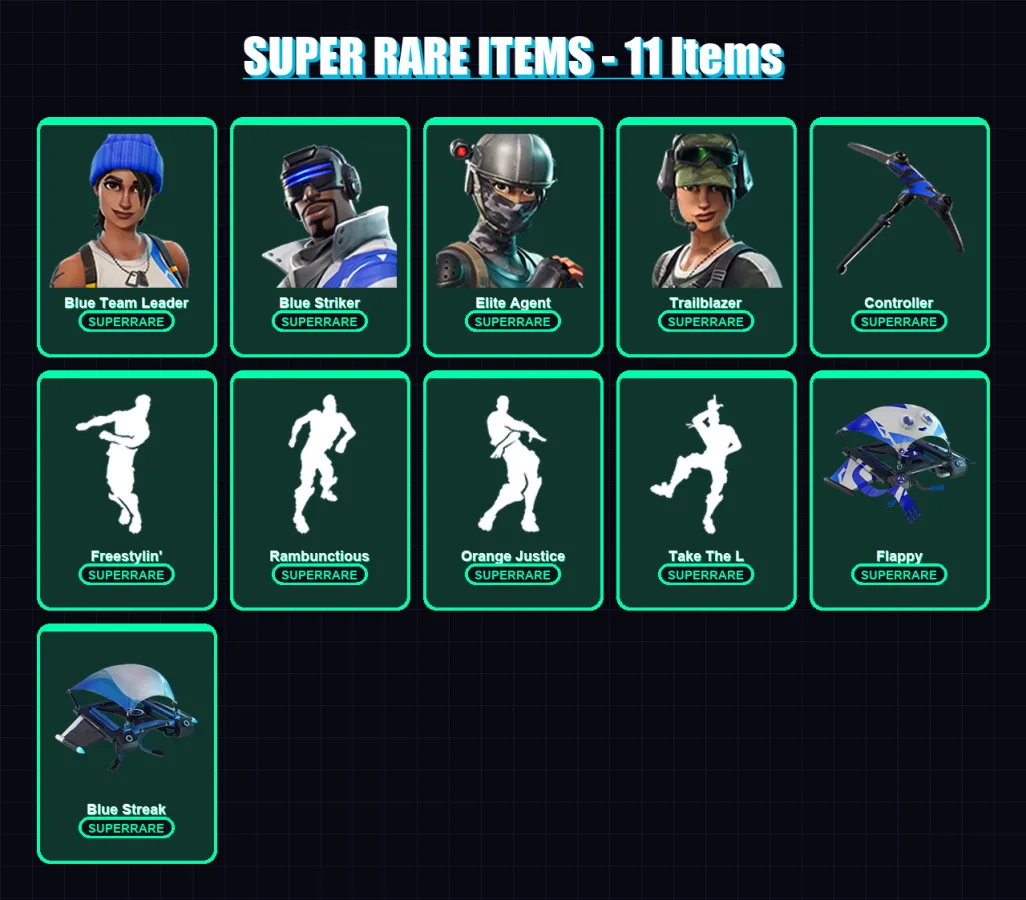 [PC/XBOX/PSN] | Blue Team Leader | Blue Striker | Elite Agent | Trailblazer | The Ageless | 40 skin | 44 pickaxe | 60 emote | 46 glider | Lv764