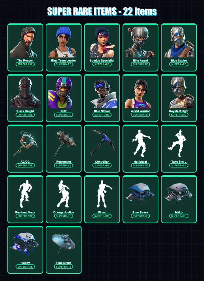 [PC/XBOX] | The Reaper | Blue Team Leader | Sparkle Specialist | Elite Agent | Blue Squire | 118 skin | 70 pickaxe | 107 emote | 89 glider | Lv1602