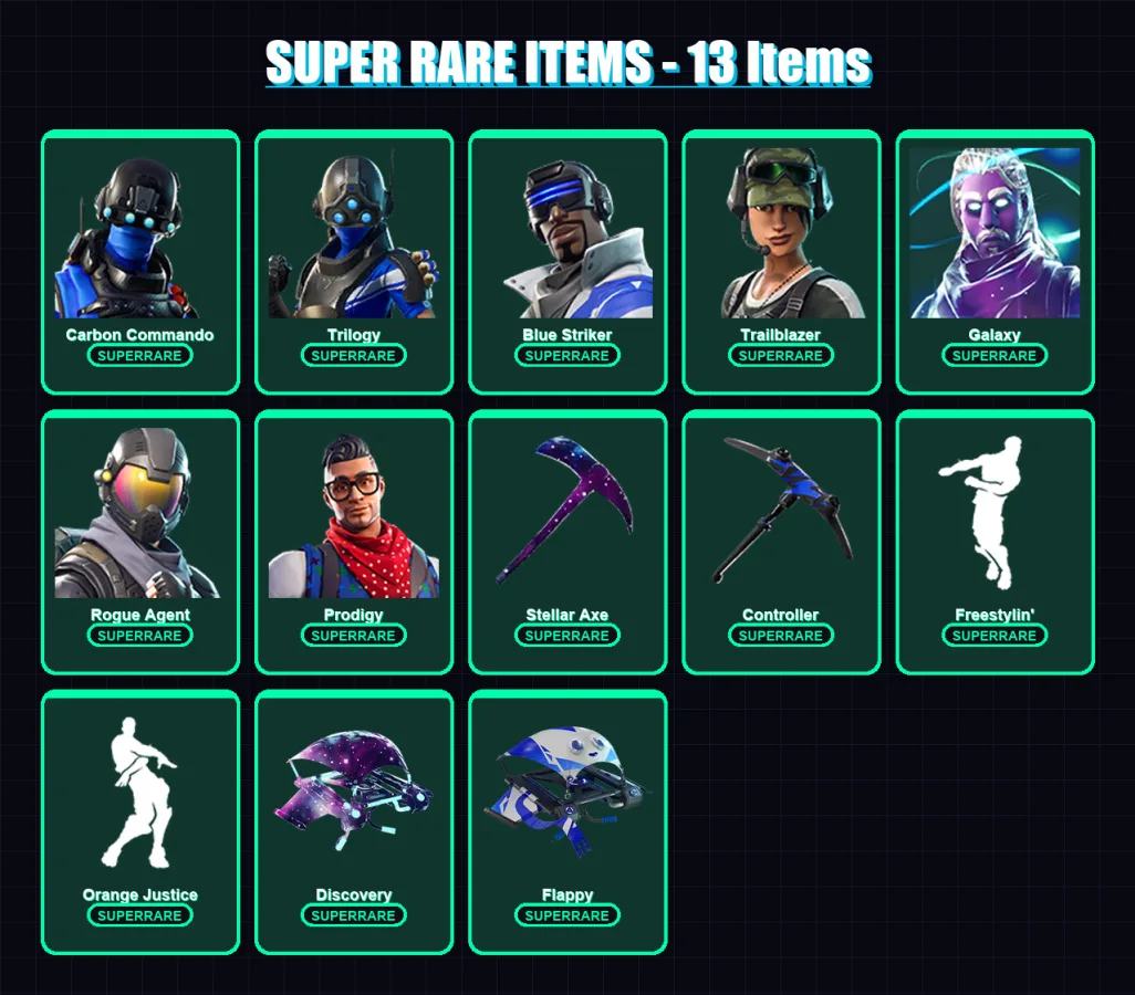 [PS4/PS5/XBOX/PC] | Carbon Commando | Trilogy | Blue Striker | Trailblazer | Galaxy | 36 skin | 45 pickaxe | 29 emote | 39 glider | Lv504
