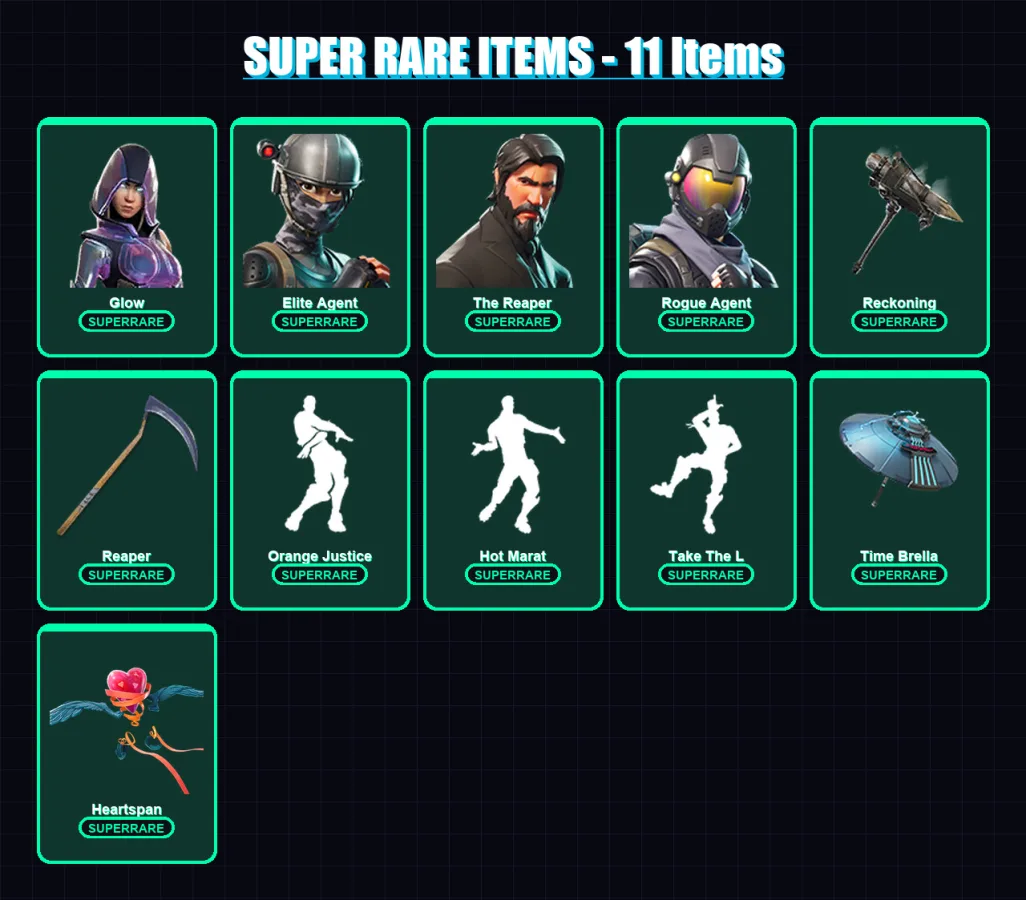 [PS4/PS5/XBOX/PC] | Glow | Elite Agent | The Reaper | Rogue Agent | Dire | 110 skin | 120 pickaxe | 120 emote | 115 glider | Lv1879