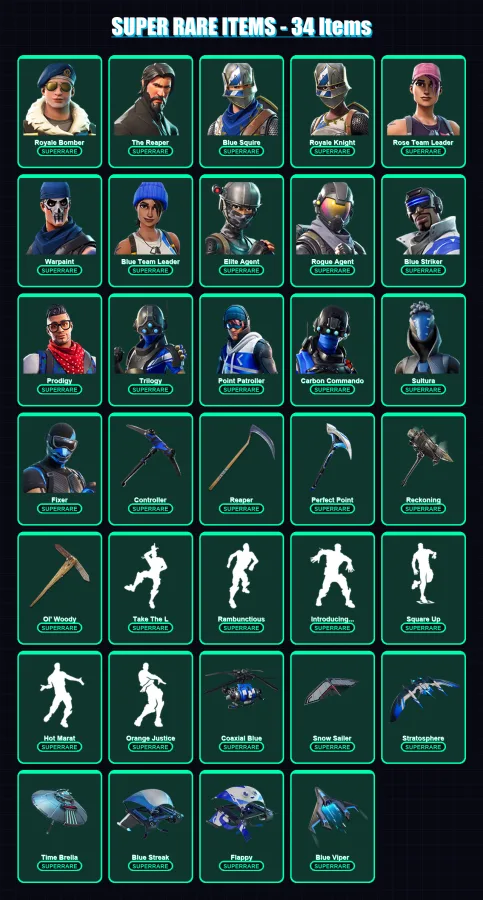 [PC/XBOX/PSN] | Royale Bomber | The Reaper | Blue Squire | Royale Knight | Rose Team Leader | 201 skin | 165 pickaxe | 158 emote | 151 glider | Lv18
