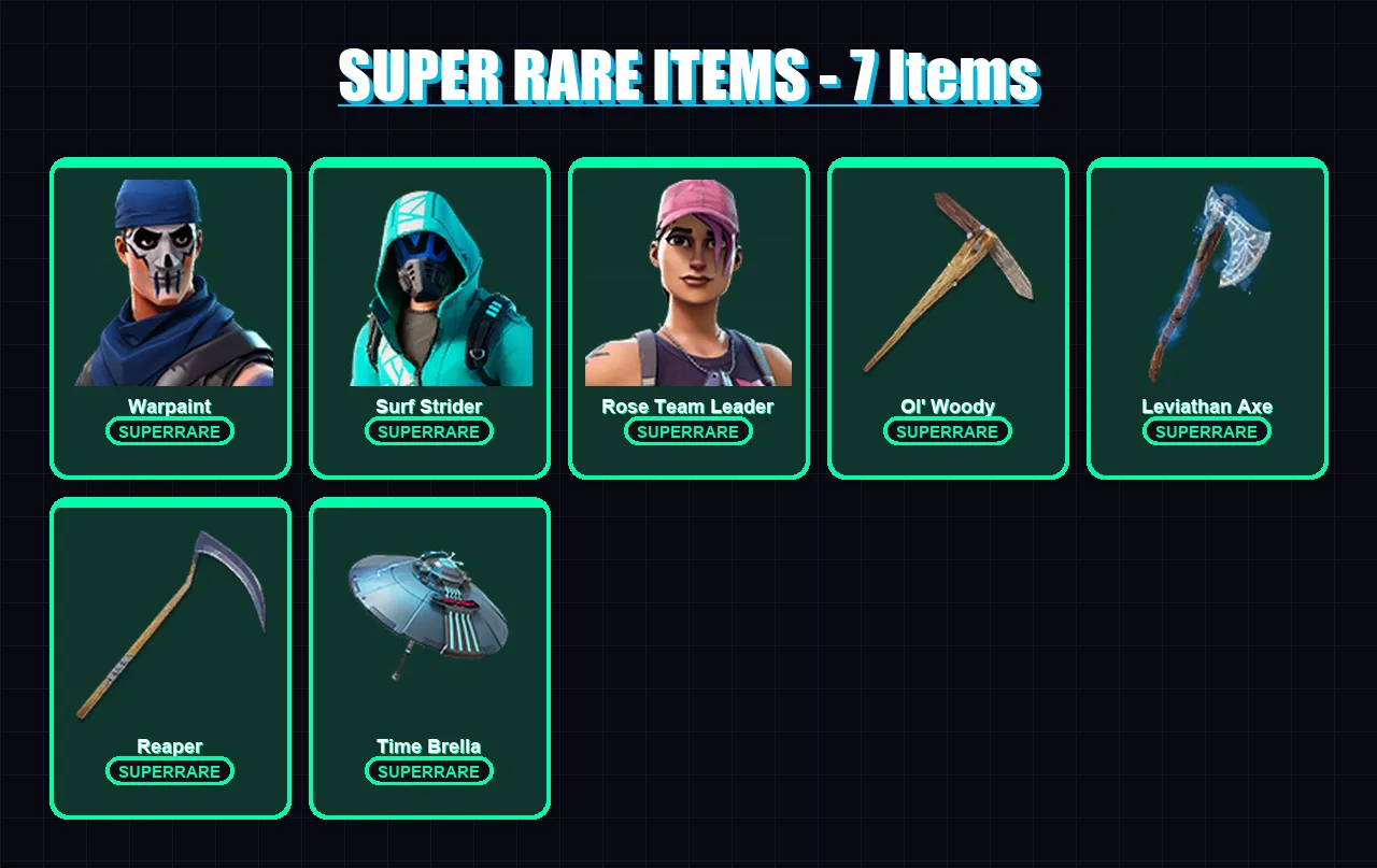[PC/XBOX/PSN] | Warpaint | Surf Strider | Rose Team Leader | Midas | Eternal Knight | 120 skin | 155 pickaxe | 128 emote | 134 glider | Lv2099