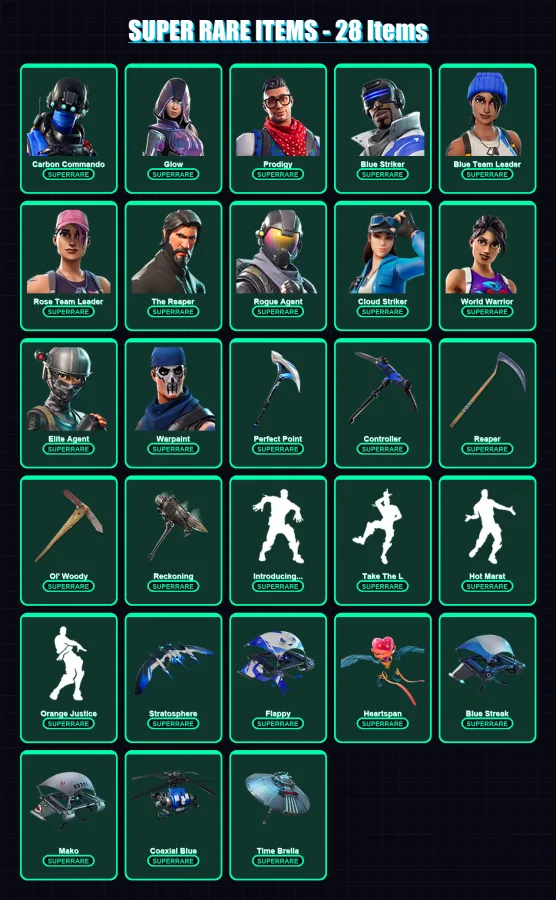[SWITCH/XBOX/PC] | Carbon Commando | Glow | Prodigy | Blue Striker | Blue Team Leader | 200 skin | 138 pickaxe | 138 emote | 133 glider | Lv1712
