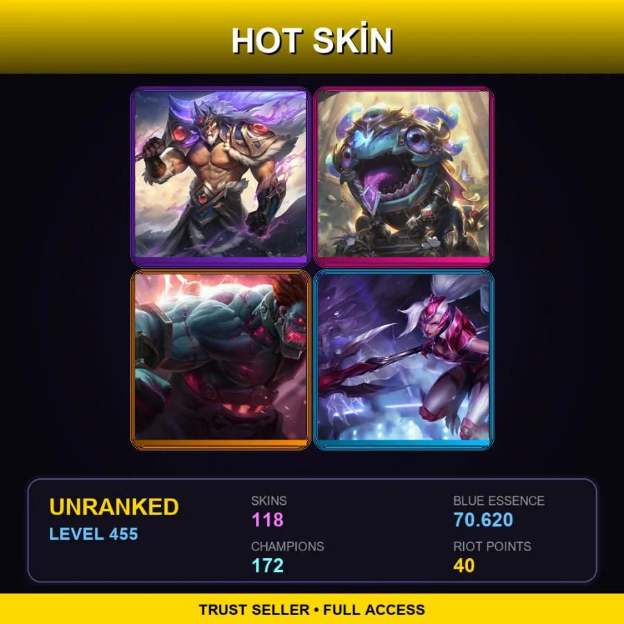 EUW | Lv455 | Unranked | 118 Skin | 172 Champ — LoL account