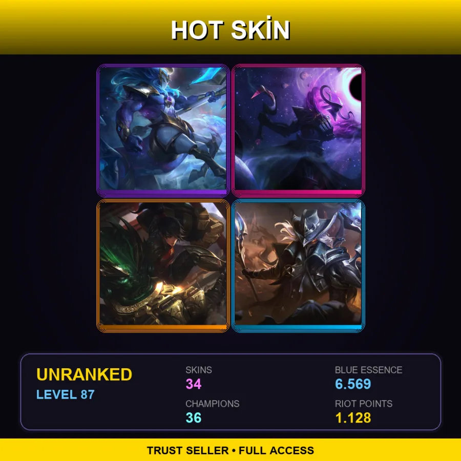 LAN | Lv87 | Unranked | 34 Skin | 36 Champ — LoL account