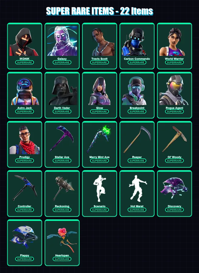[SWITCH/XBOX/PSN/PC] | IKONIK | Galaxy | Travis Scott | Carbon Commando | World Warrior | 350 skin | 261 pickaxe | 313 emote | 190 glider | Lv2379