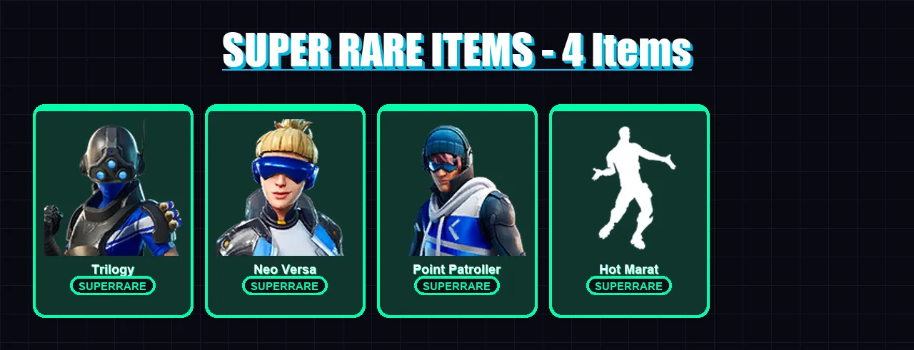 [PS4/PS5/XBOX/PC] | Trilogy | Neo Versa | Point Patroller | Raven | Polar Peely | 6 skin | 5 pickaxe | 4 emote | 7 glider | Lv56