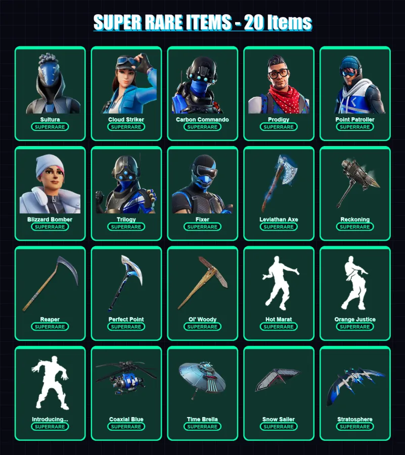 [PS4/PS5/PC] | Sultura | Cloud Striker | Carbon Commando | Prodigy | Point Patroller | 163 skin | 152 pickaxe | 128 emote | 136 glider | Lv2374