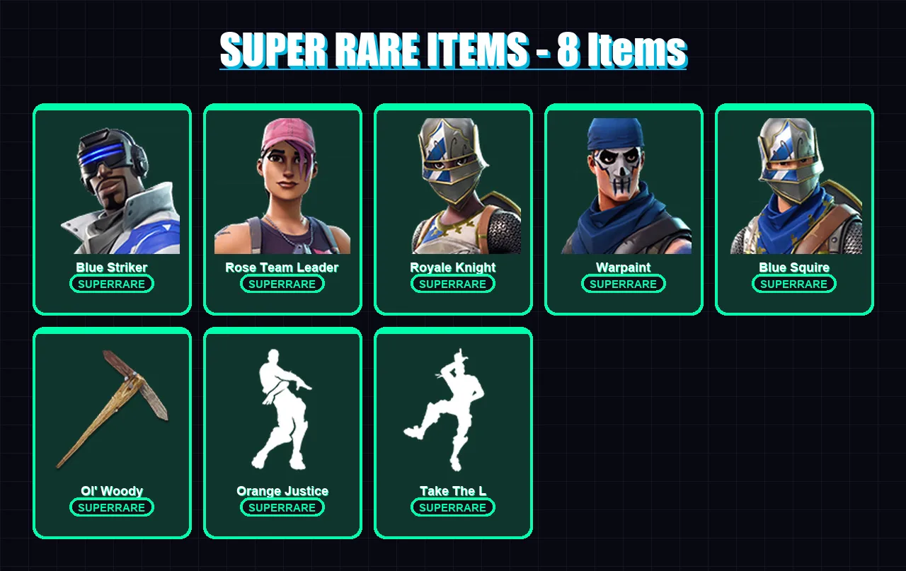 [PC/XBOX] | Blue Striker | Rose Team Leader | Royale Knight | Warpaint | Blue Squire | 18 skin | 24 pickaxe | 23 emote | 23 glider | Lv302