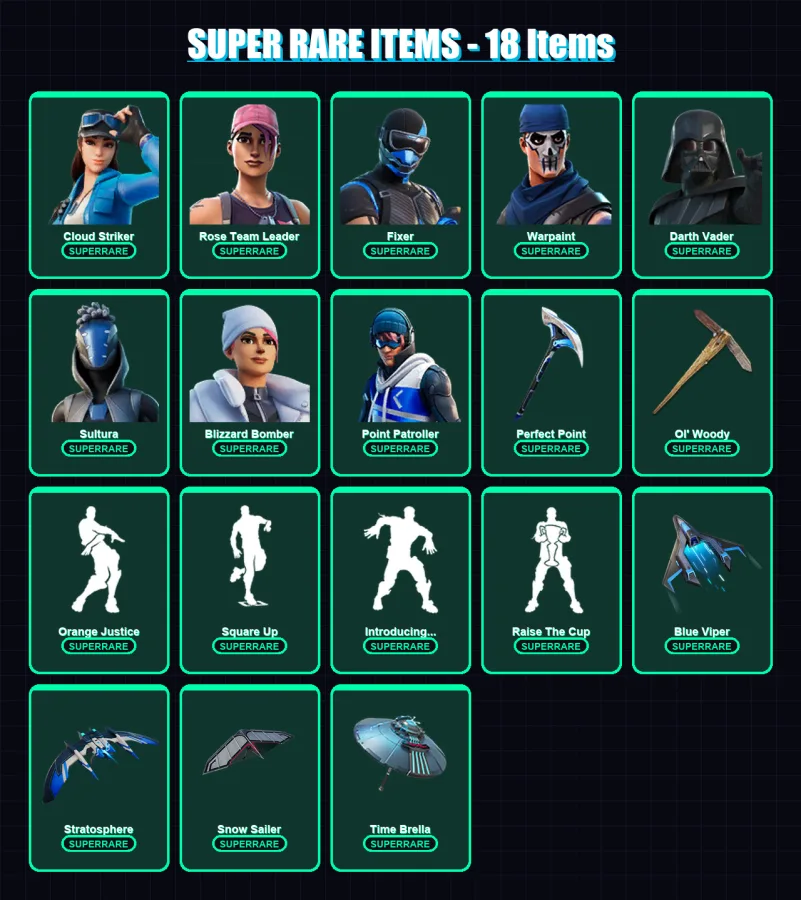 [PS4/PS5/XBOX/PC] | Cloud Striker | Rose Team Leader | Fixer | Warpaint | Darth Vader | 243 skin | 244 pickaxe | 230 emote | 216 glider | Lv2855