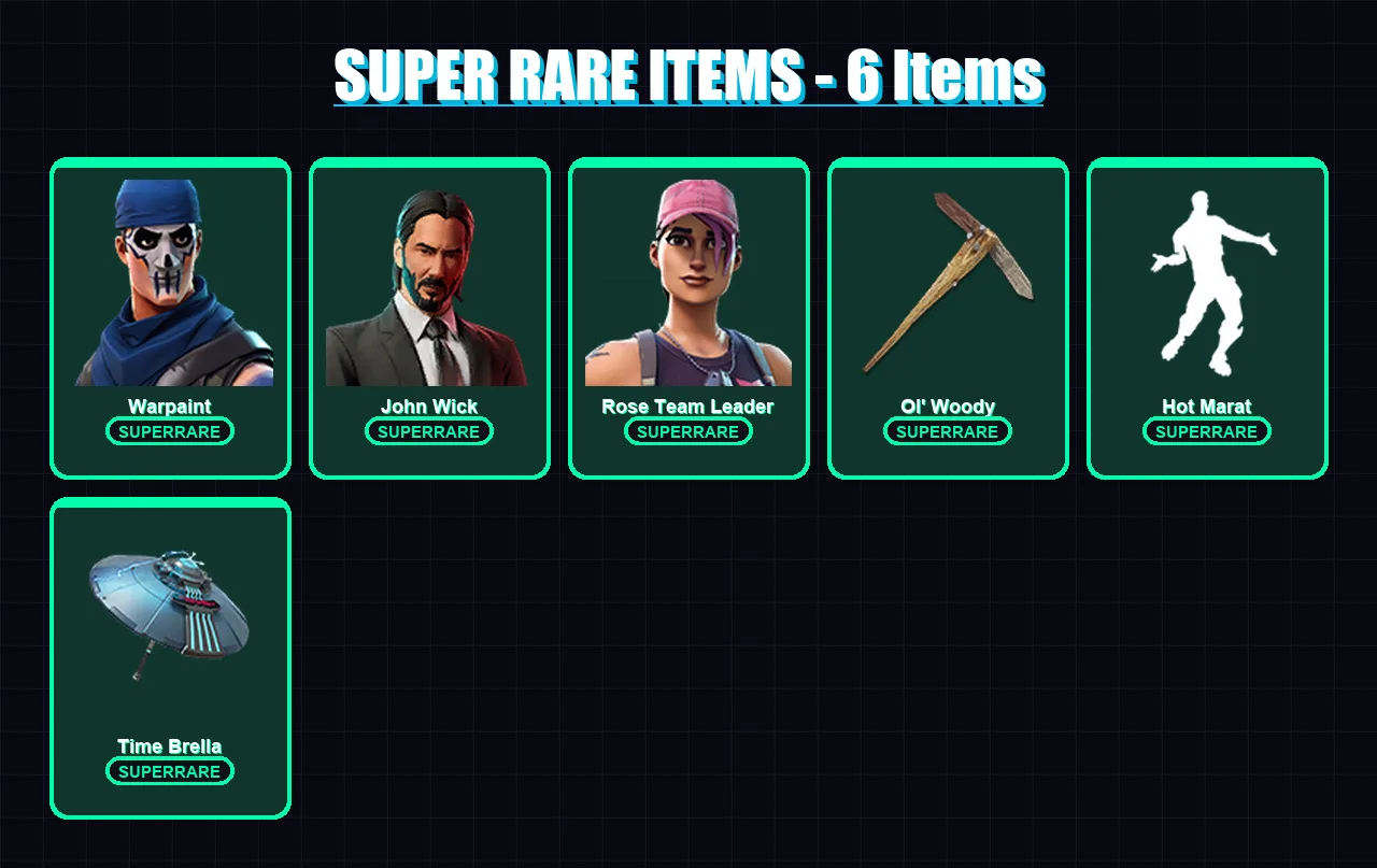 [PC/PSN] | Warpaint | John Wick | Rose Team Leader | Ruin | Blackheart | 88 skin | 108 pickaxe | 92 emote | 90 glider | Lv1173