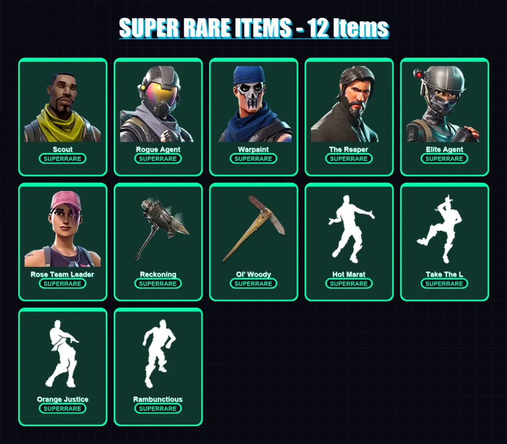 [PC/XBOX/PSN] | Scout | Rogue Agent | Warpaint | The Reaper | Elite Agent | 108 skin | 79 pickaxe | 113 emote | 87 glider | Lv900