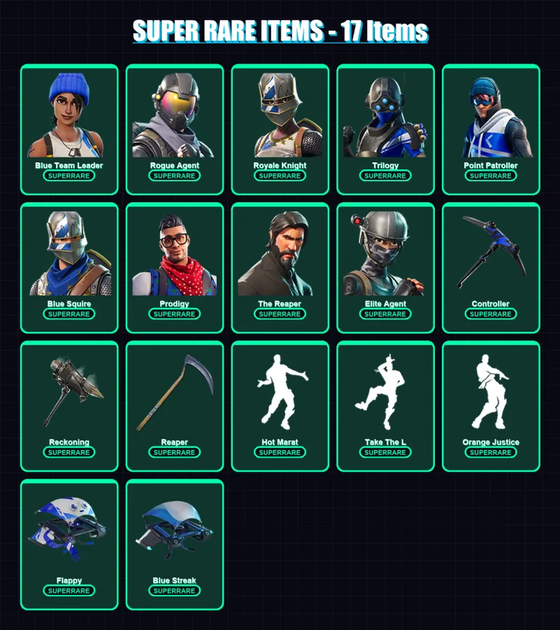 [PS4/PS5/XBOX/PC] | Blue Team Leader | Rogue Agent | Royale Knight | Trilogy | Point Patroller | 99 skin | 57 pickaxe | 114 emote | 62 glider | Lv10