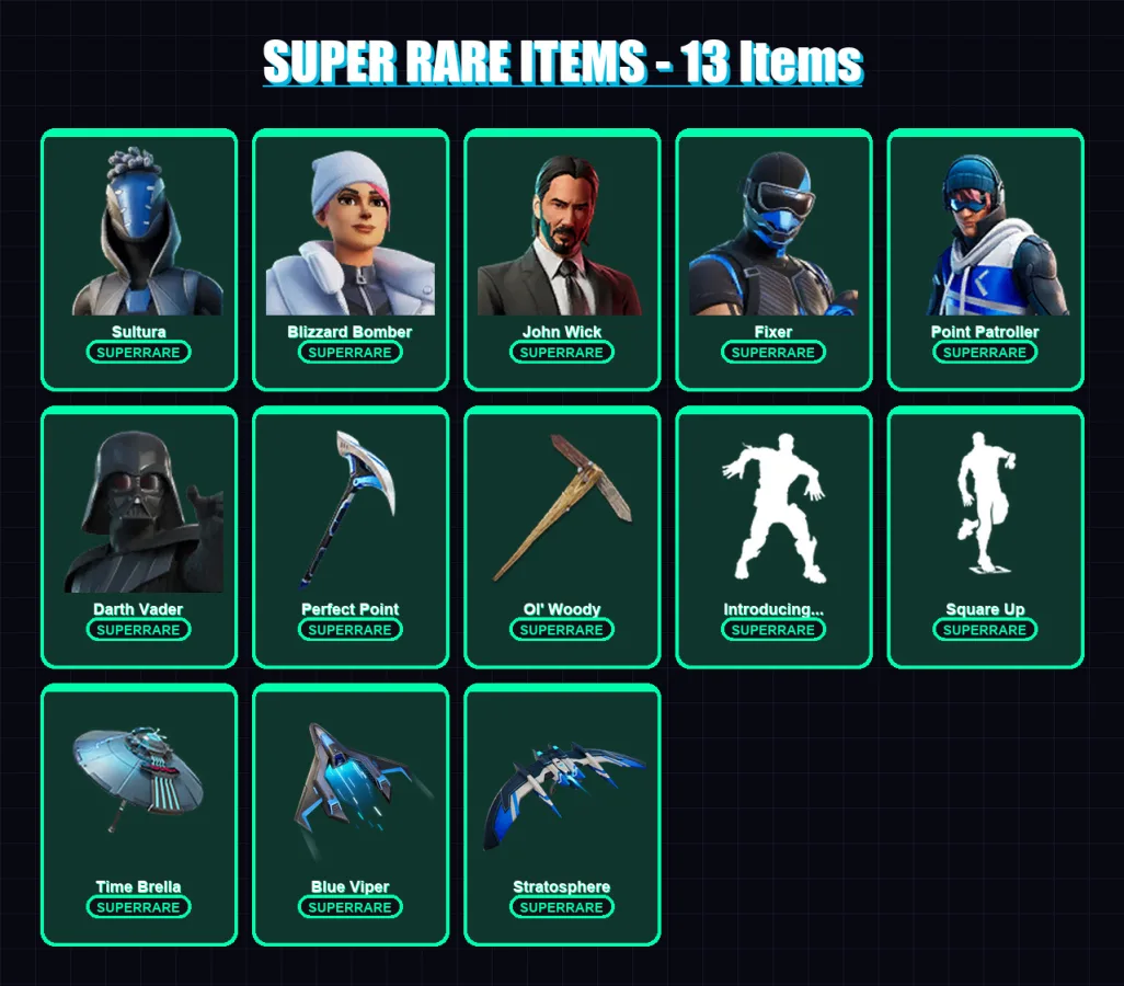 [PC] | Sultura | Blizzard Bomber | John Wick | Fixer | Point Patroller | 195 skin | 238 pickaxe | 165 emote | 193 glider | Lv2803