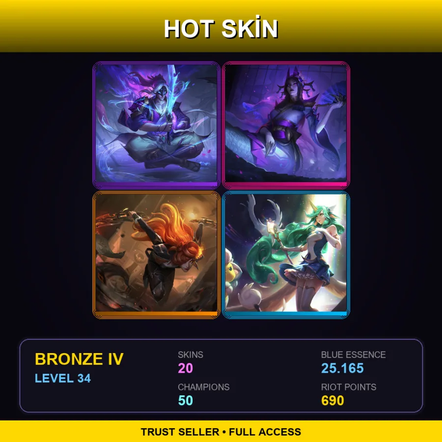EUW | Spirit Blossom Master Yi | Spirit Blossom Cassiopeia | High Noon Katarina | Star Guardian Soraka | 20 Skin | 50 Champ | Bronze IV | Lv34