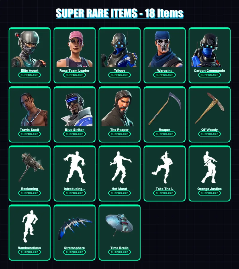 [PS4/PS5/XBOX/PC] | Elite Agent | Rose Team Leader | Trilogy | Warpaint | Carbon Commando | 112 skin | 87 pickaxe | 100 emote | 104 glider | Lv1767