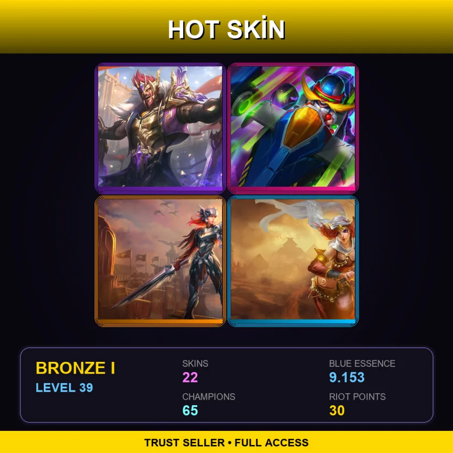 TR | Victorious Draven | Arcade Corki | Iron Solari Leona | Sandstorm Katarina | 22 Skin | 65 Champ | Bronze I | Lv39