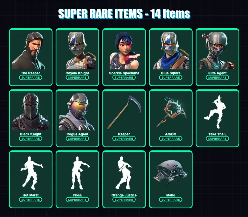 [PC/XBOX/PSN] | The Reaper | Royale Knight | Sparkle Specialist | Blue Squire | Elite Agent | 54 skin | 34 pickaxe | 50 emote | 42 glider | Lv597