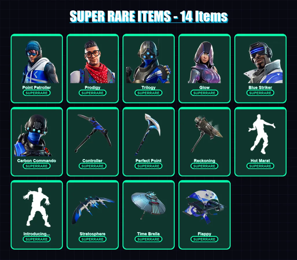 [PC/XBOX] | Point Patroller | Prodigy | Trilogy | Glow | Blue Striker | 149 skin | 167 pickaxe | 129 emote | 142 glider | Lv1956 — Fortnite account