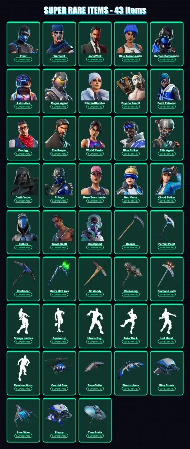 [SWITCH/XBOX/PSN/PC] | Fixer | Warpaint | John Wick | Blue Team Leader | Carbon Commando | 428 skin | 395 pickaxe | 347 emote | 294 glider | Lv5384