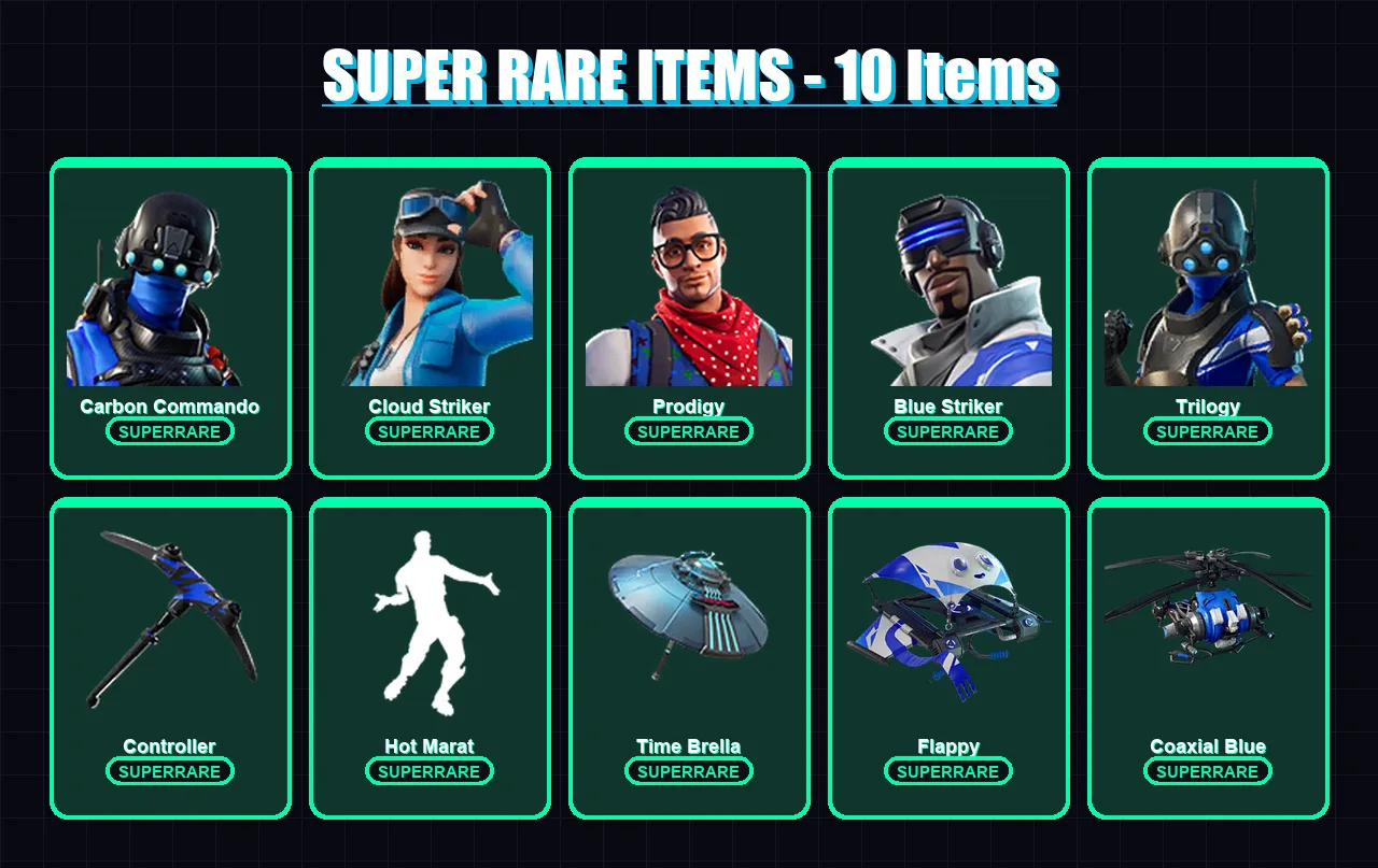 [PS4/PS5/XBOX/PC] | Carbon Commando | Cloud Striker | Prodigy | Blue Striker | Trilogy | 30 skin | 43 pickaxe | 58 emote | 46 glider | Lv732