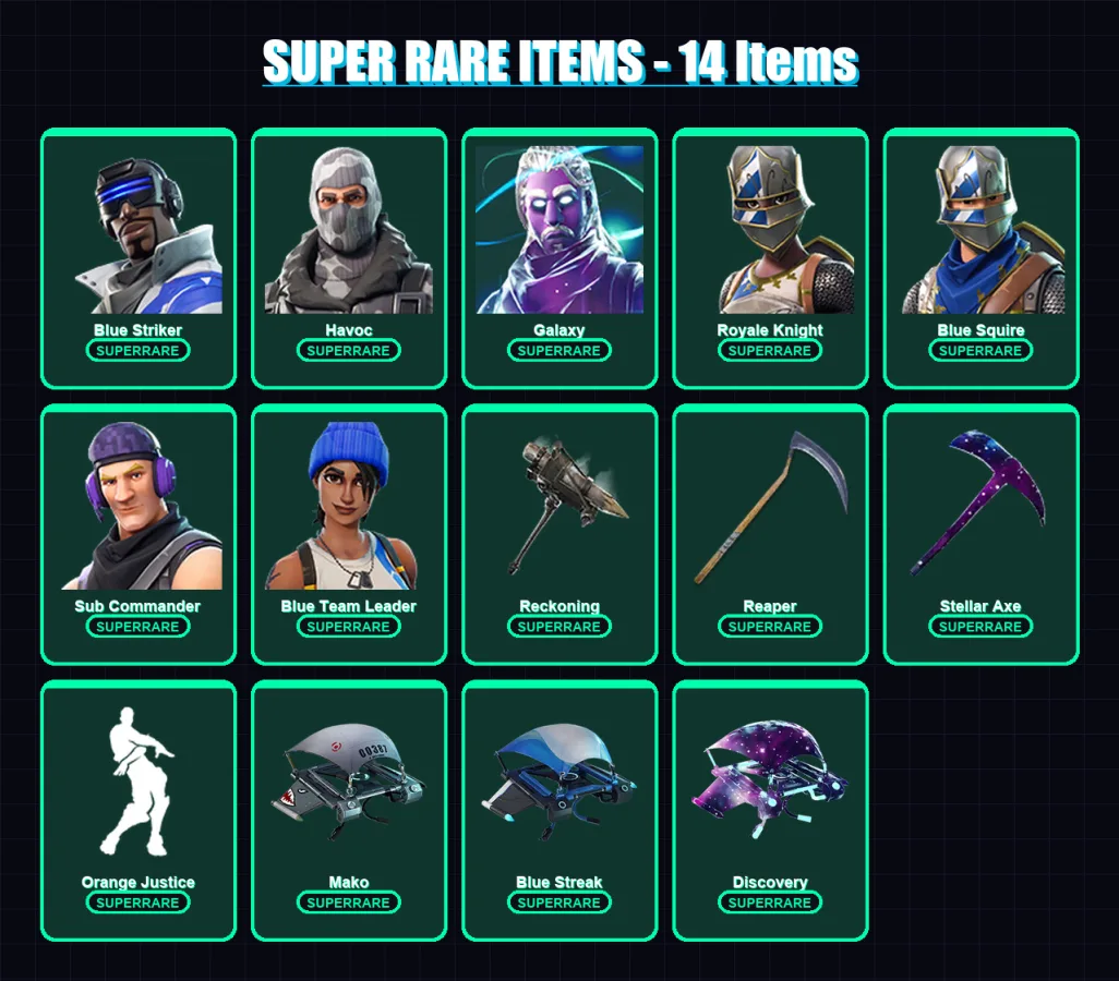 [PS4/PS5/XBOX/PC] | Blue Striker | Havoc | Galaxy | Royale Knight | Blue Squire | 58 skin | 43 pickaxe | 55 emote | 47 glider | Lv753