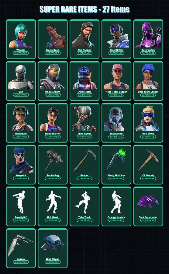 [PC/XBOX/PSN] | Wonder | Travis Scott | The Reaper | Blue Striker | Dark Vertex | 164 skin | 123 pickaxe | 185 emote | 103 glider | Lv1492