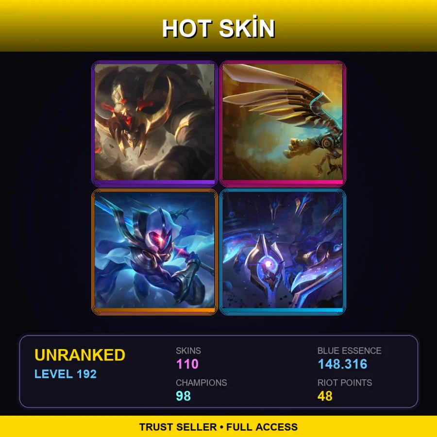 LAN | Lv192 | Unranked | 110 Skin | 98 Champ — LoL account