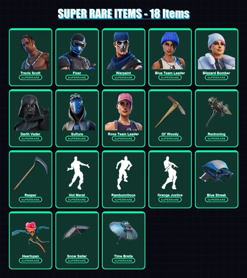 [PC] | Travis Scott | Fixer | Warpaint | Blue Team Leader | Blizzard Bomber | 200 skin | 196 pickaxe | 163 emote | 182 glider | Lv2220